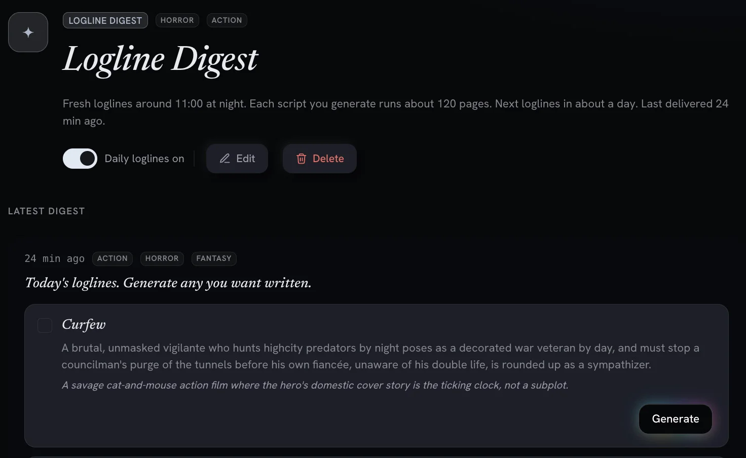 A screenshot of the logline digest premise review and selection user interface.