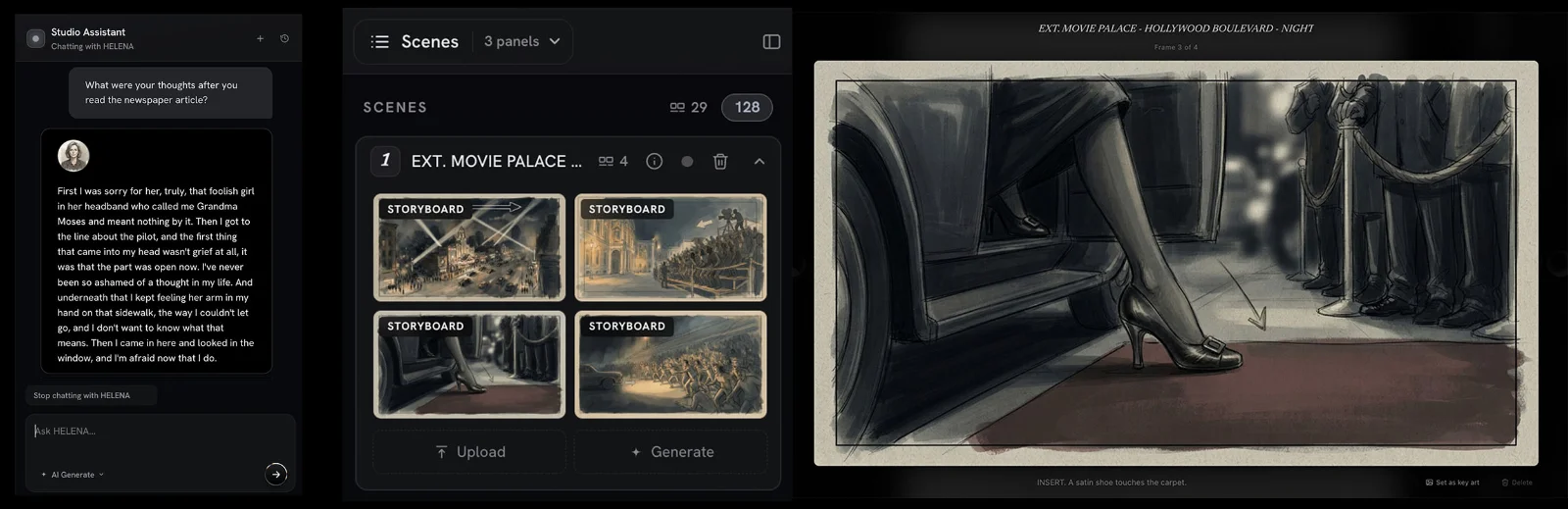 Screenshot of the interactive character chat and storyboard generator features.